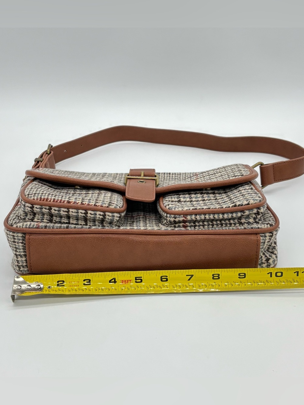 Frye & Co Houndstooth Plaid Shoulder Bag Brown Purse Academia Equestrian Preppy - Picture 12 of 15